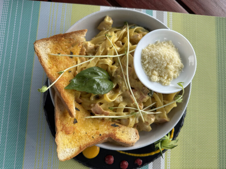 Creamy fettuccine alfredo served at Planeta Sano’s restaurant.